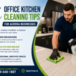 Office kitchen cleaning Aurora business breakroom with a cleaner wiping countertops and shared surfaces