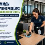 Shared office cleaning North York with commercial cleaners disinfecting desks and vacuuming office carpets
