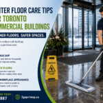 Commercial floor care Toronto building with a cleaner maintaining winter floors near a lobby entrance